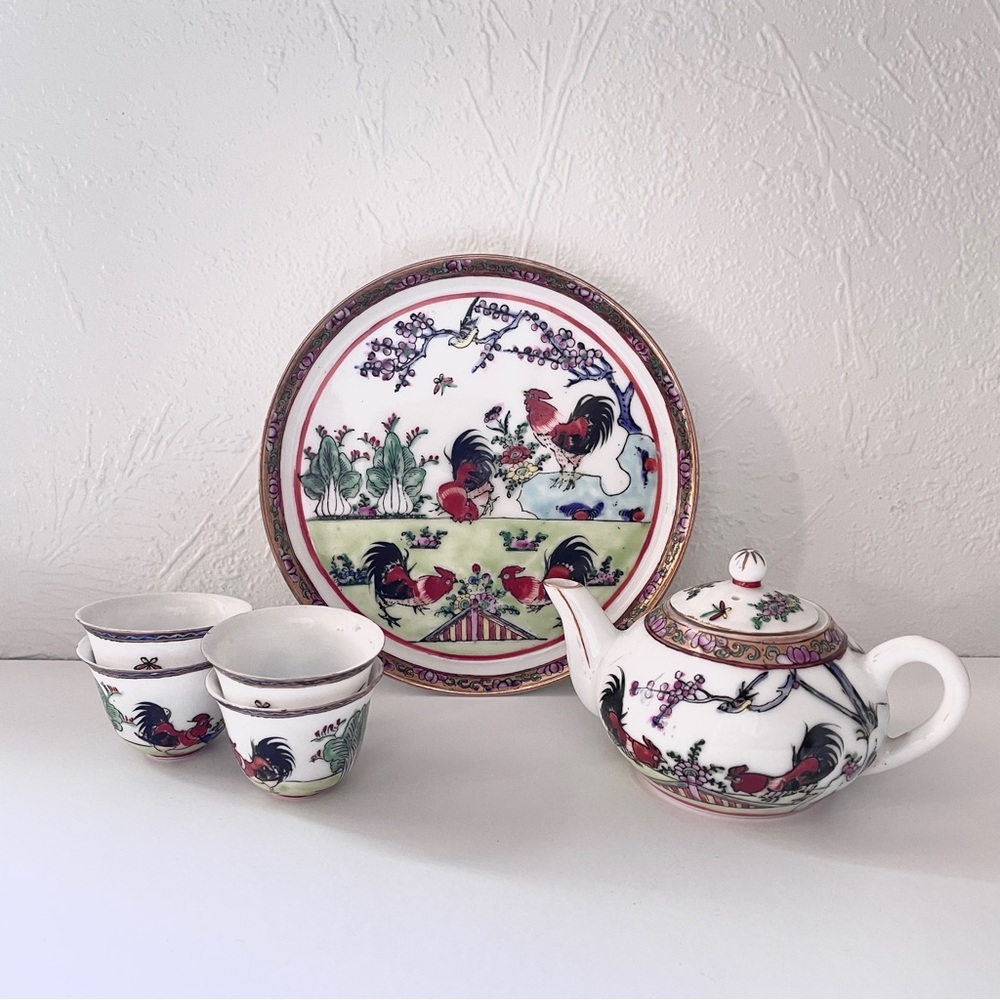 Vintage Mini Porcelain Prosperity Red Rooster Chinoiserie Famille Rose TeaSet